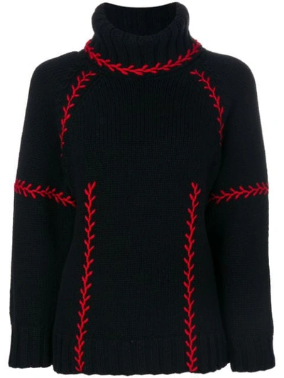 Alexander Mcqueen Black & Red Embroidered Cashmere Turtleneck