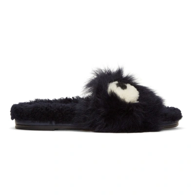 Anya Hindmarch Blue Shearling Eye Slides In Dark Blue