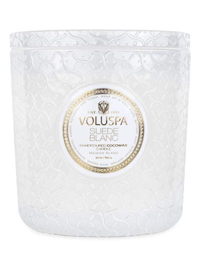 Voluspa Suede Blanc Embossed Glass Triple Wick Luxe Candle 30 Oz. In White