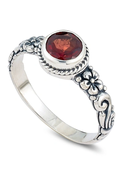 Samuel B Jewelry Sterling Silver Round Garnet Floral Design Ring In Red