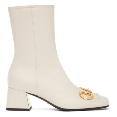 Gucci Off-white Horsebit Mid Heel Ankle Boots In 9022 White