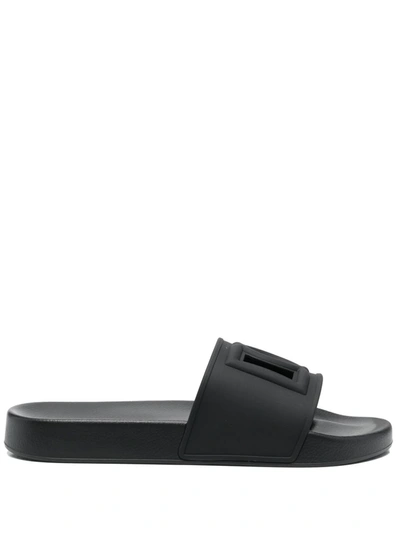 Dolce & Gabbana Black Cut-out Logo Sandals In Grey