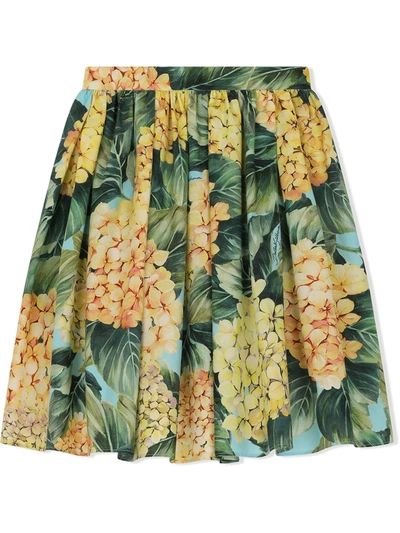 Dolce & Gabbana Kids' Midi Circle Skirt In Hydrangea-print Poplin In Green