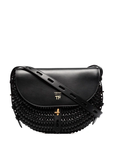 Tom Ford Saddle Woven Leather Shoulder Bag In Black