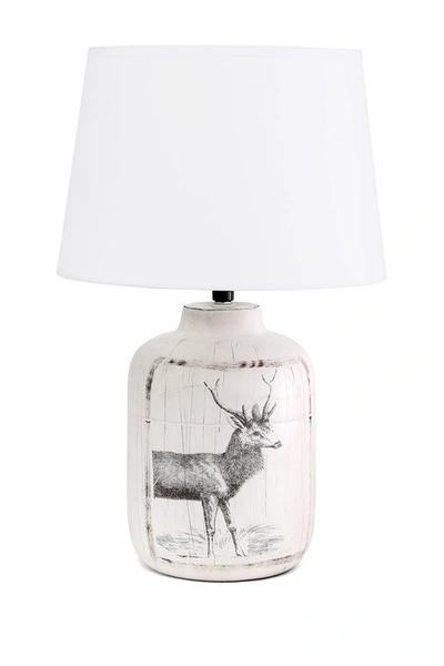 Lalia Home Simple Designs Rustic Deer Buck Nature Printed Ceramic Farmhouse Accent Table Lamp With Fabric Shade In White Wash