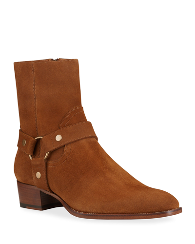 Saint Laurent Suede Leather Wyatt 40 Harness Ankle Boots In Brown