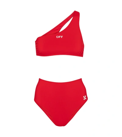 Off-white Logo-print One-shoulder Bikini In Red