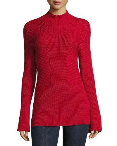 Escada Mock-neck Bell-sleeve Virgin Wool Sweater In Red