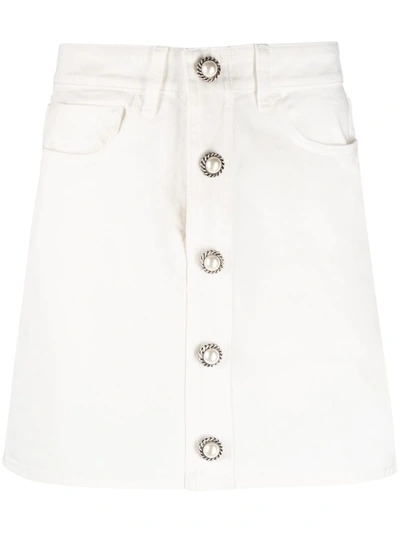 Alessandra Rich Faux-pearl Buttoned Denim Skirt In White