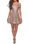 La Femme Sequin Off-the-shoulder Short Fit-&-flare Dress In Champagne