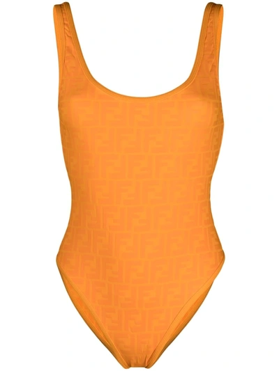 Fendi Ff Logo Print One-piece Swimsuit Taurus In Orange