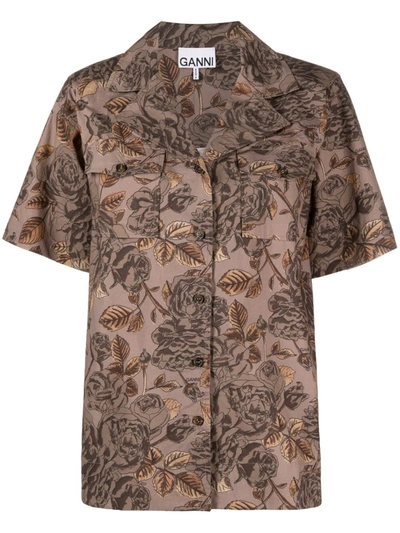 Ganni Floral Organic Cotton Poplin Button-up Shirt In Fossil