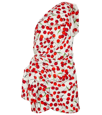 Saint Laurent One-shoulder Cherry Print Gathered Dress In White,red