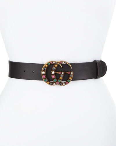 leather belt with crystal double g buckle
