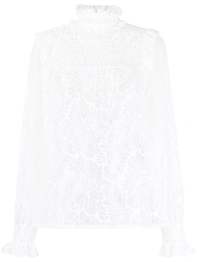 Saint Laurent Ruffled Shirred Corded Lace Blouse In Weiss