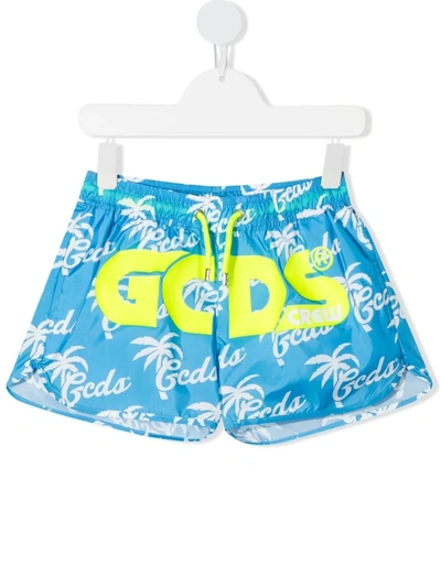 Gcds Kids' Light Blue And Neon Yellow Swim Trunks