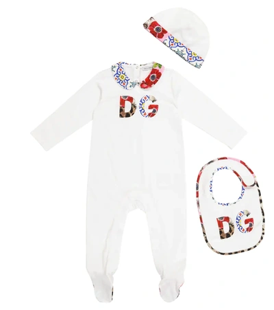 Dolce & Gabbana Babies' Logo Cotton Jersey Romper ,hat & Bib In White