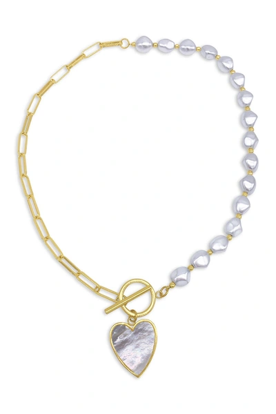 Adornia 14k Yellow Gold Plated 10mm Pearl Heart Pendant Necklace In White