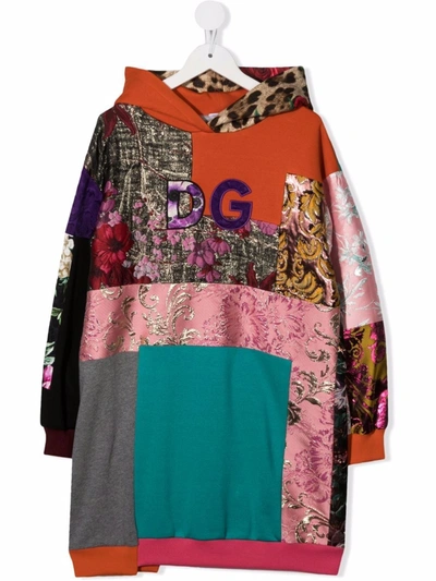 Dolce & Gabbana Kids' Mix-print Hooded Dress In Pink