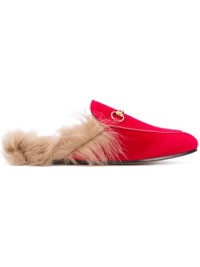 Gucci Princetown Horsebit-detailed Shearling-lined Velvet Slippers In Red