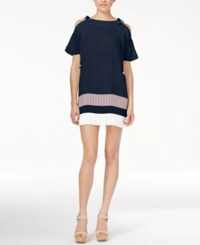 Endless Rose Pleated Off-the-shoulder Dress In Navy Combo