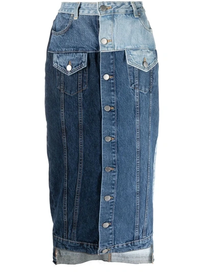 Red Valentino Frayed Patchwork Denim Midi Skirt In Denim Multicolor