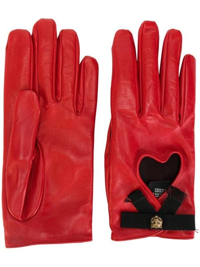 Gucci Leather Gloves W/ Bow & Cat Detail In Red