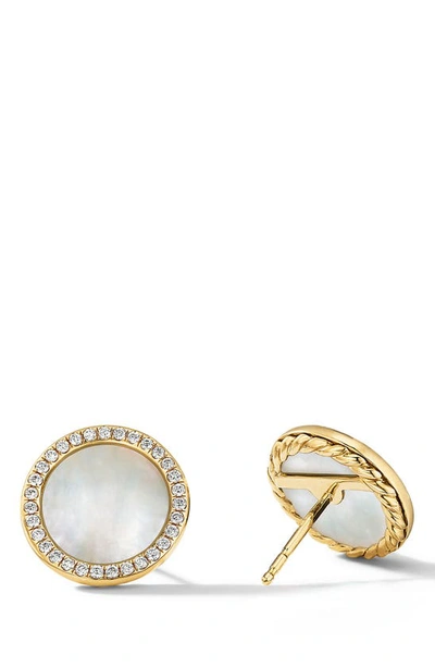 David Yurman Dy Elements Button Earrings In 18k Yellow Gold With Mother-of-pearl & Pave Diamonds