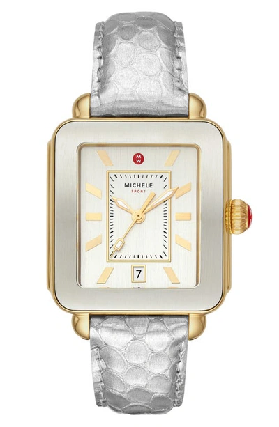 Michele Deco Sport Two-tone Goldtone Stainless Steel & Embossed Leather Strap Watch In White / Silver