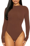 Naked Wardrobe The Nw Crewneck Long-sleeved Bodysuit In Chocolate