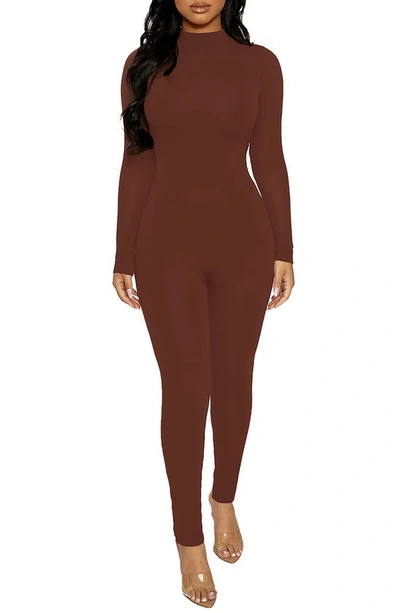 Naked Wardrobe Mock-neck Jumpsuit In Chocolate