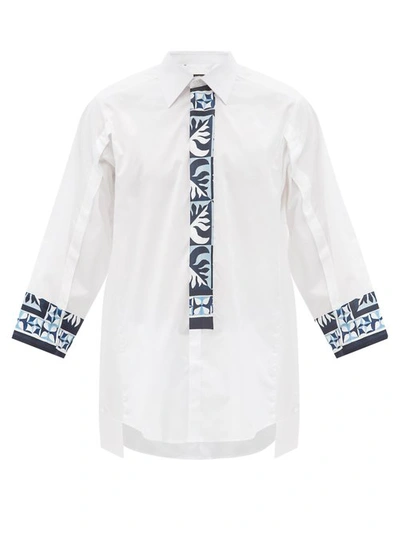 Dolce & Gabbana Majolica-print Trim Cotton-blend Poplin Shirt In White,blue