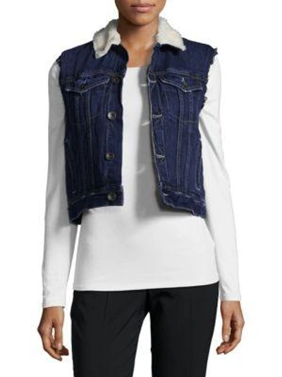 Helmut Lang Shrunken Faux Fur-trimmed Denim Vest In Dark Blue