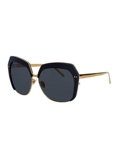 Linda Farrow Capped Oversized Butterfly Sunglasses, Gold/black