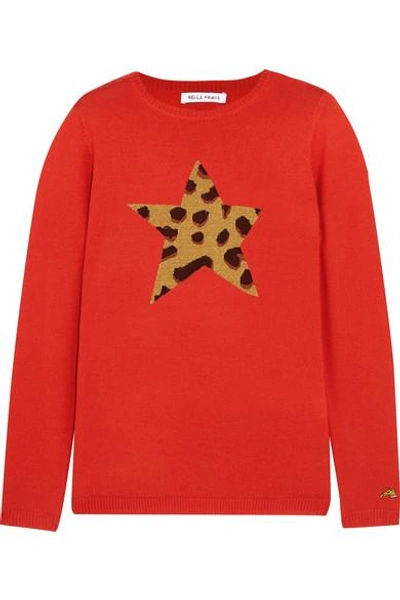 Bella Freud Iggy Leopard Star Merino Wool-blend Sweater In Red