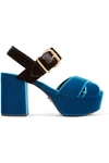 Prada Two-tone Velvet Platform Sandals In Cobalt Blue