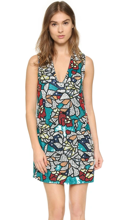 Alice And Olivia Odell Embroidered Dress In Teal Multi
