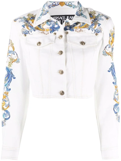 Versace Jeans Couture Stretch Cotton Jacket With All-over Baroque Print In Weiss