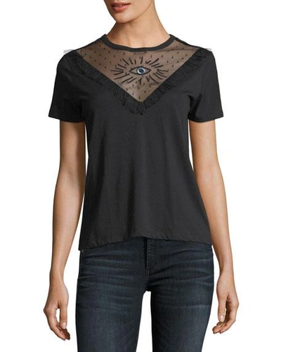Red Valentino Short-sleeve T-shirt W/ Point D'esprit Yoke & Eye Embroidery In Black