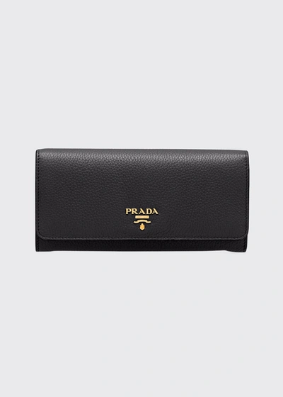 Prada Slim Pebbled Leather Flap Wallet In Black