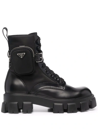 Prada Men's Monolith Leather Zip Pocket Combat Boots In Black