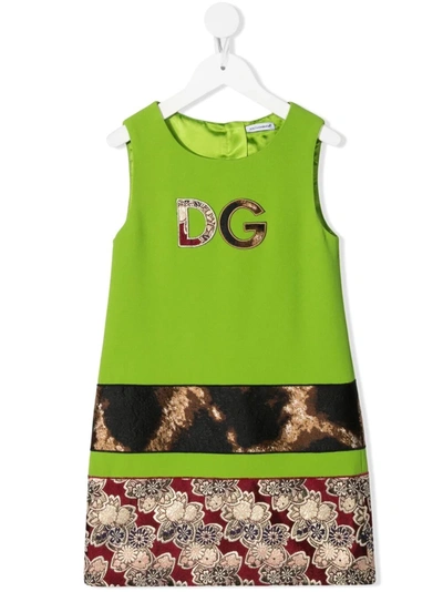 Dolce & Gabbana Kids' Short Cady Dress With Dg Patch In Green