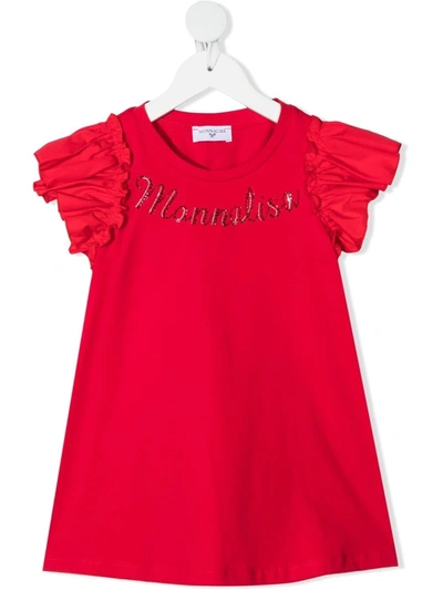 Monnalisa Kids' Embellished Logo Flutter-sleeve T-shirt In Red