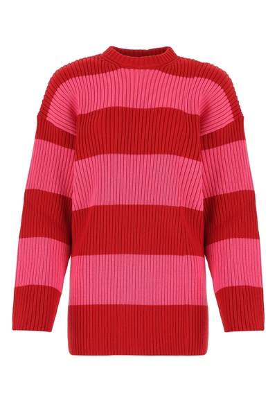 Balenciaga Bicolor Stripe Oversized Sweater W/ Logo Print In Rd/pink