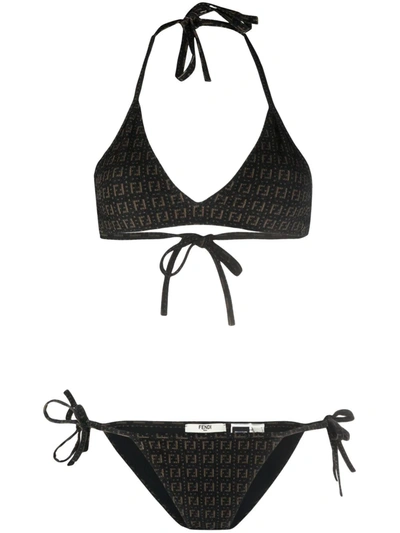 Fendi Monogram-print Tie-fastening Bikini In Black+tabacco