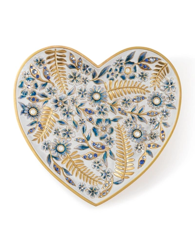 Jay Strongwater Indigo Floral Heart Trinket Tray In Delft Garden