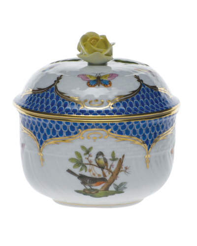 Herend Rothschild Blue Covered Sugar Dish With Rose