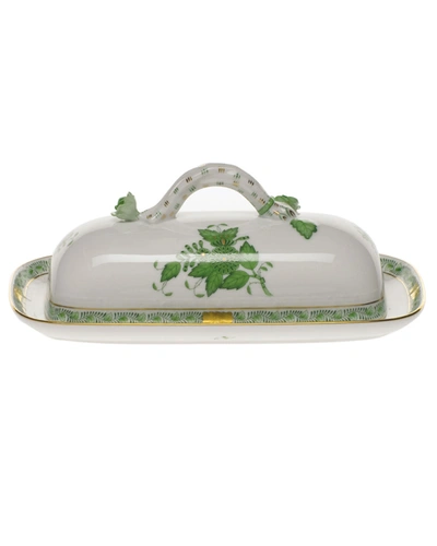 Herend Chinese Bouquet Green Butter Dish With Branch Handle