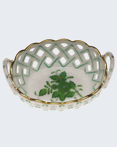 Herend Chinese Bouquet Green Small Openwork Basket With Handles