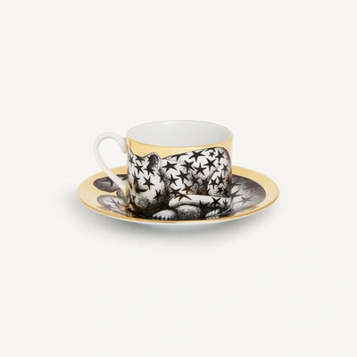Fornasetti Tea Cup High Fidelity Stellato Starry Cat In White/black/gold